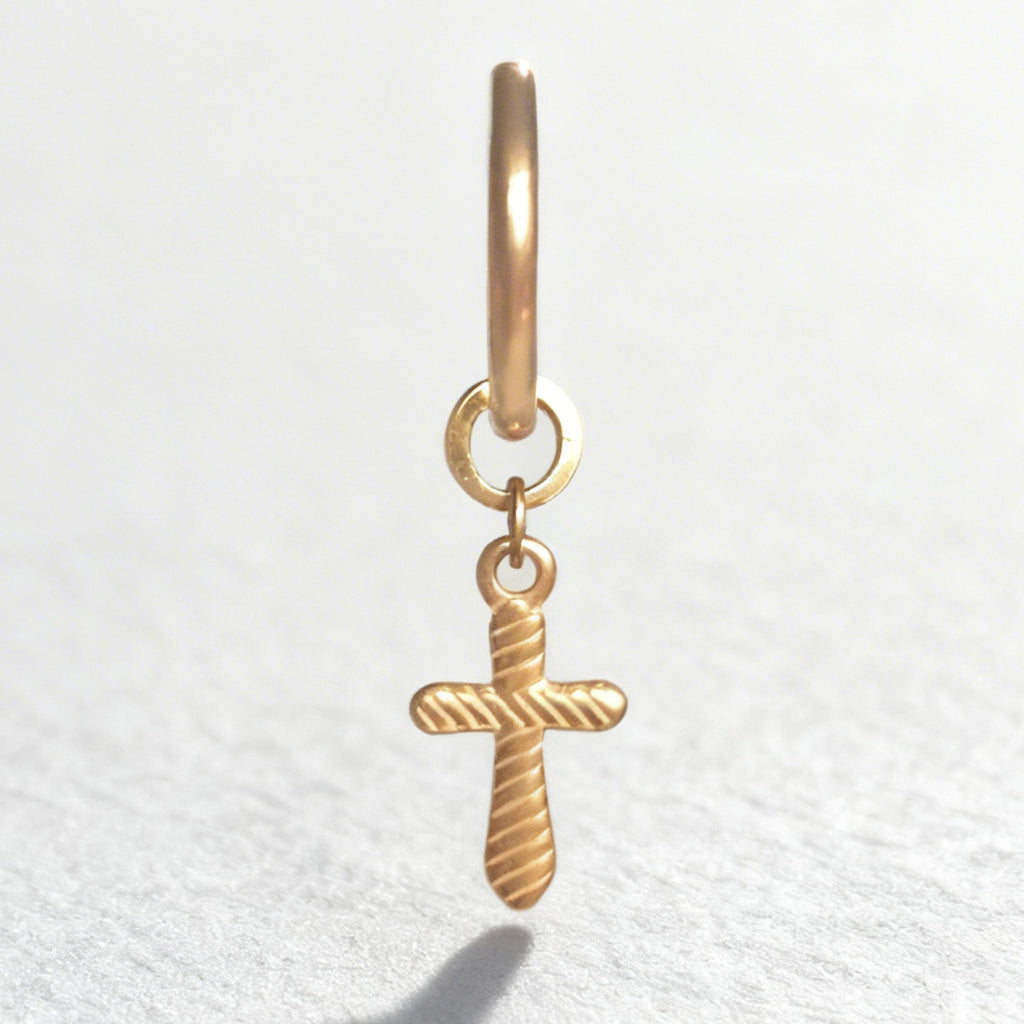 Gold Cross Charm Large Hoop Huggie