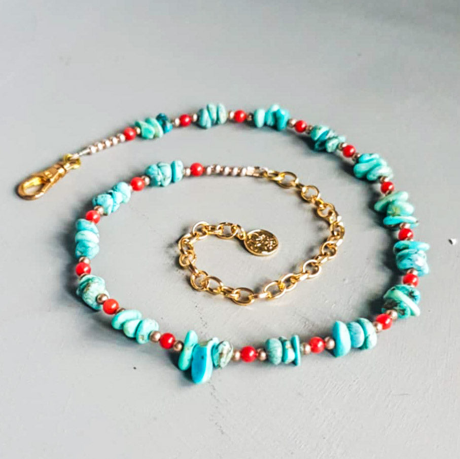 Turquoise Nugget & Red Coral Gemstone Necklace