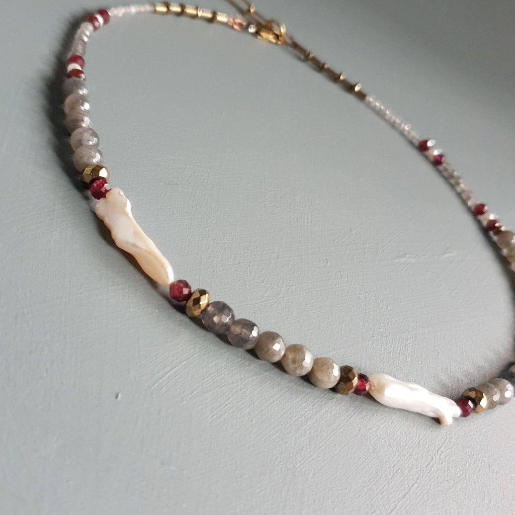 Labradorite, Garnet & Freshwater Pearl Gemstone Necklace – Extended Princess Length