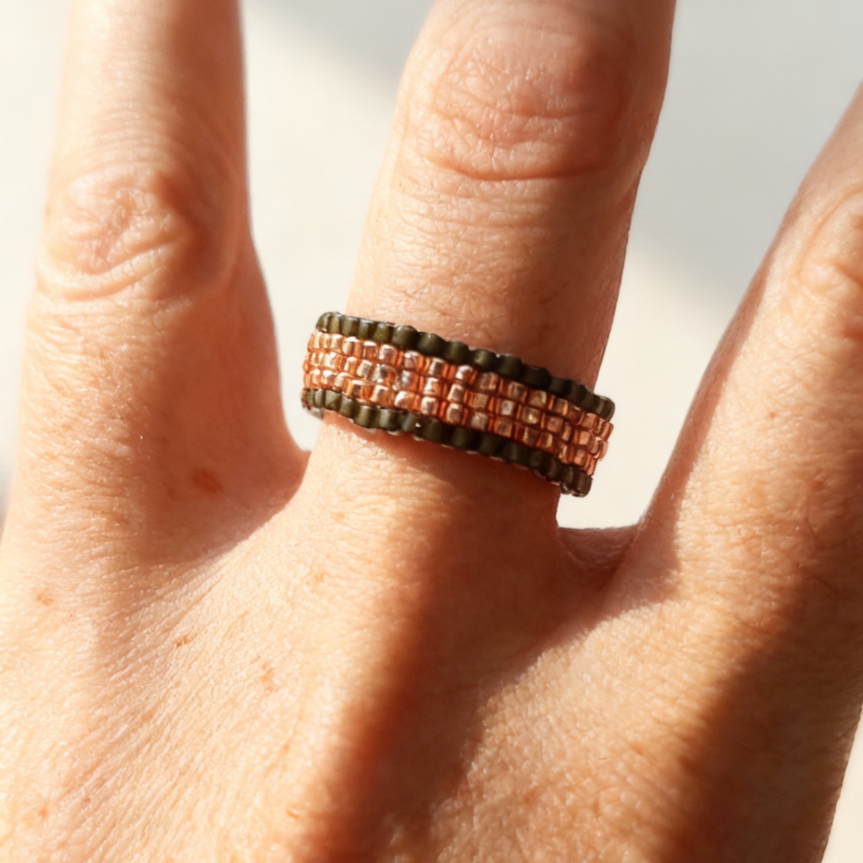 Close-up of a hand wearing a ring with a textured band.