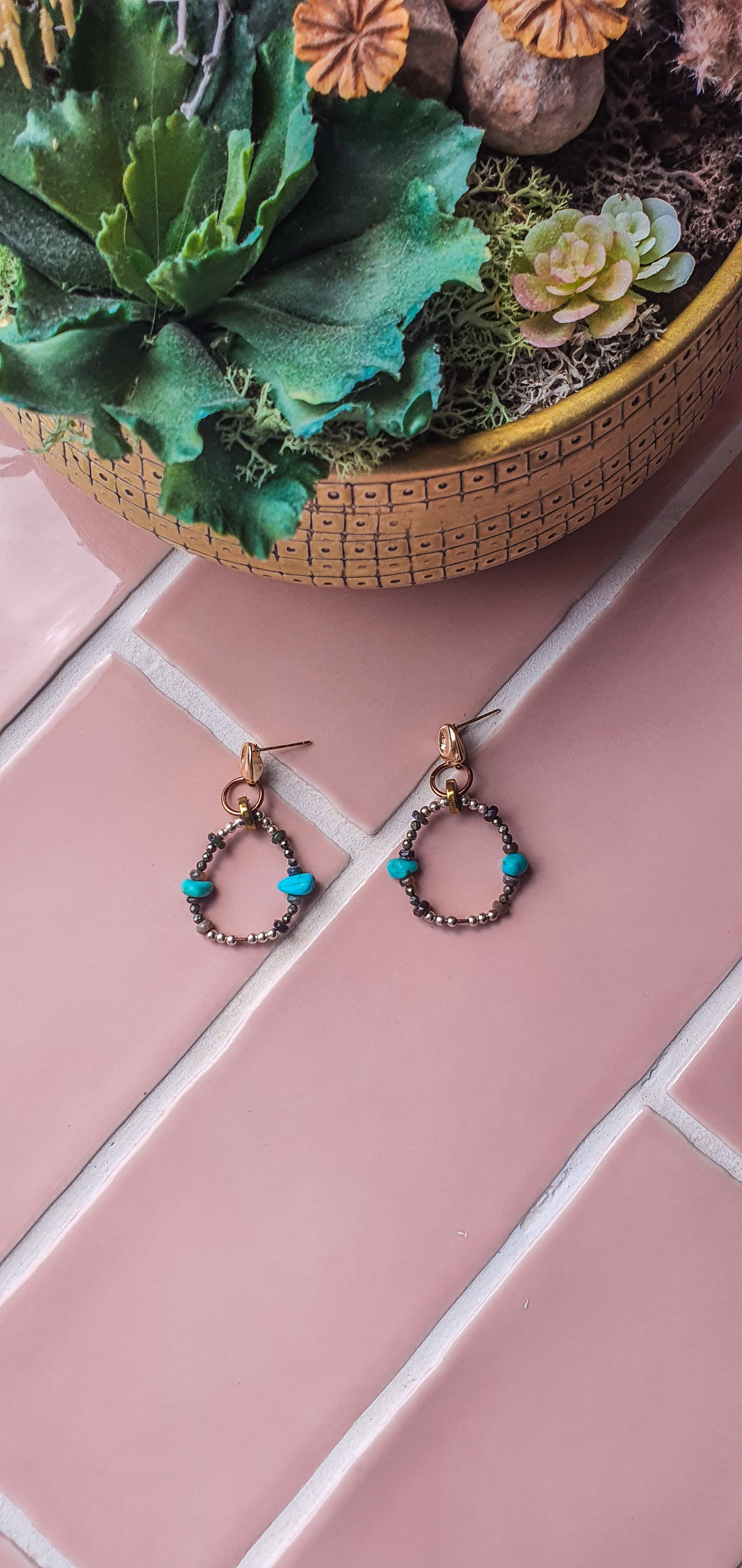 Turquoise, Opal, Pyrite & Silver beaded Hoop Earrings