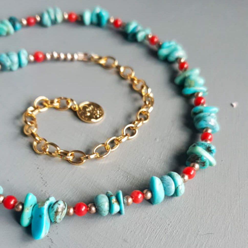 Turquoise Nugget & Red Coral Gemstone Necklace
