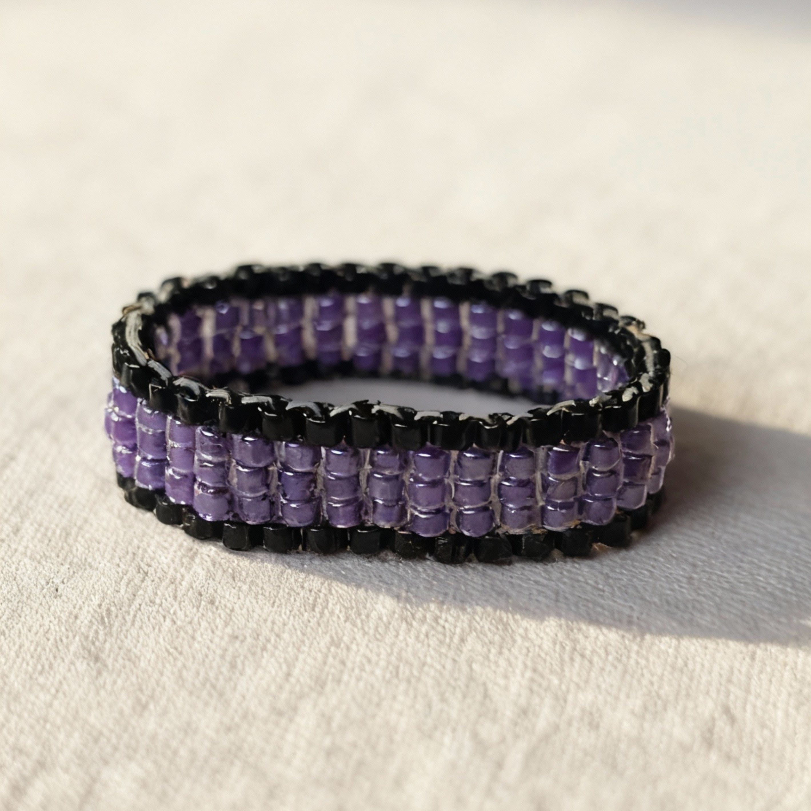 Amethyst Purple & Black Beaded Ring