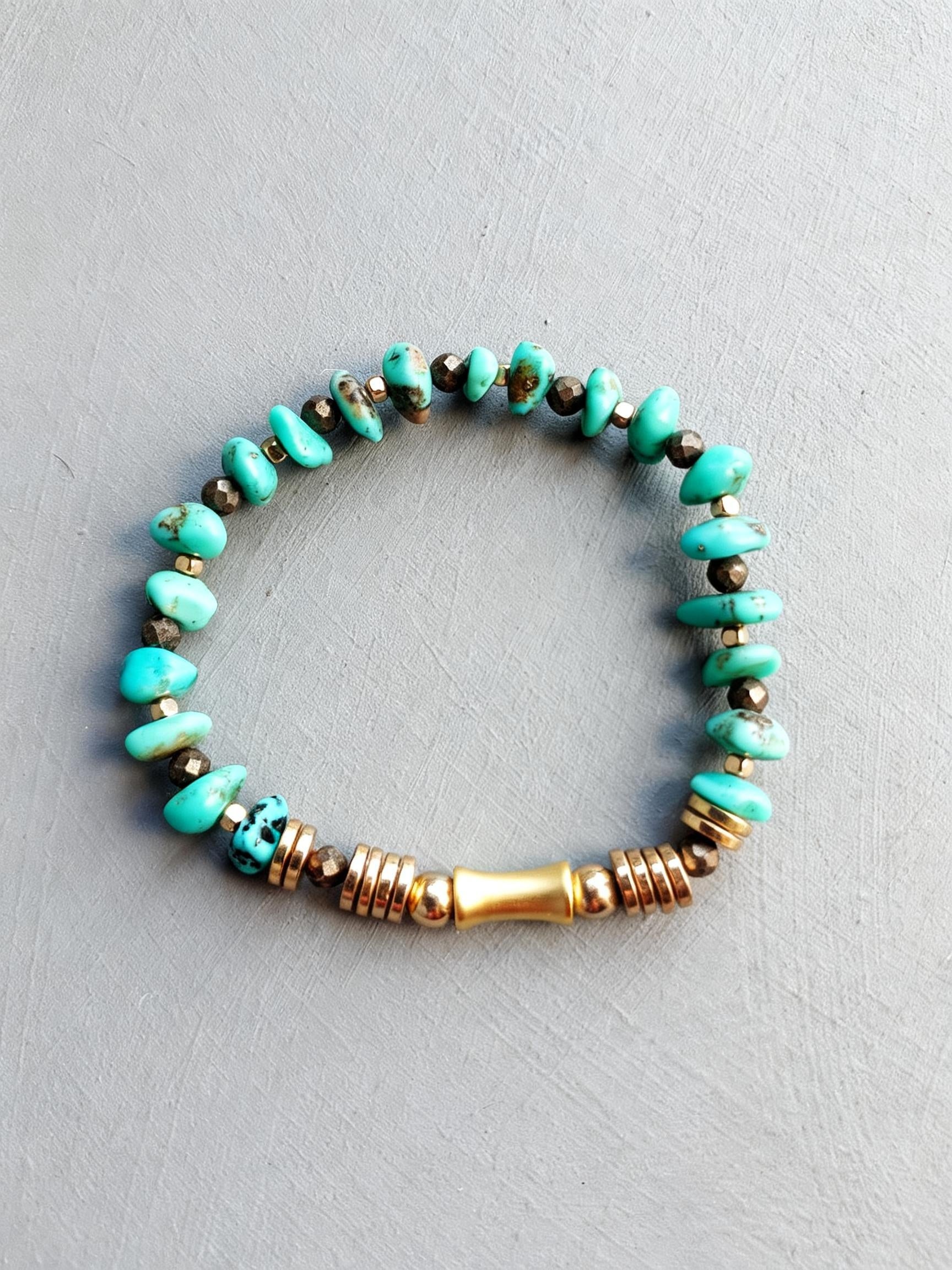 Turquoise Nugget Pyrite Gold Hematite Beaded Stretch Bracelet