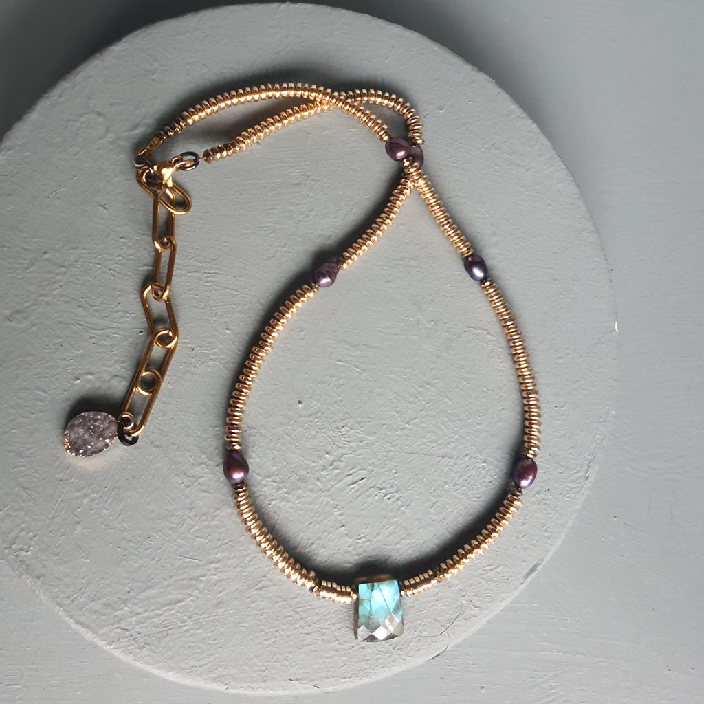 Labradorite, Baroque Pearl & Golden Hematite Necklace II