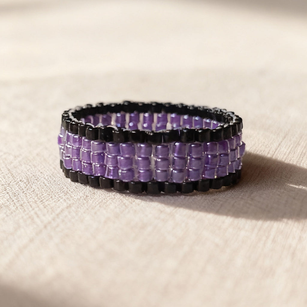 Amethyst Purple & Black Beaded Ring