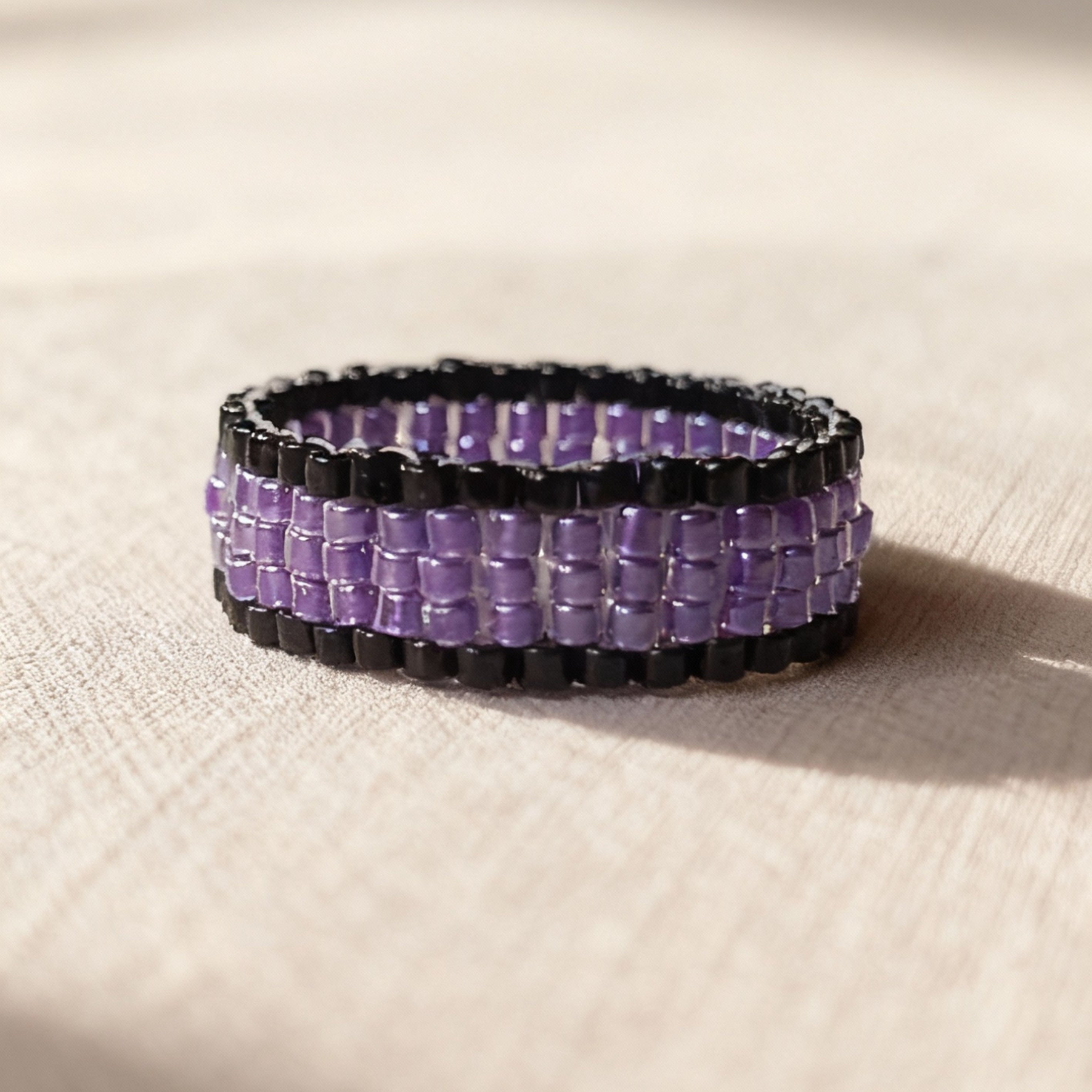 Amethyst Purple & Black Beaded Ring