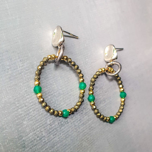 Green Onyx & Pyrite Hoop Earrings