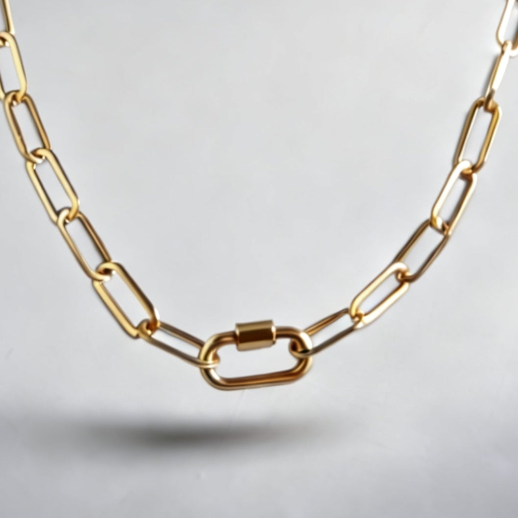 Chunky Paperclip Gold Necklace with Freedom Lock