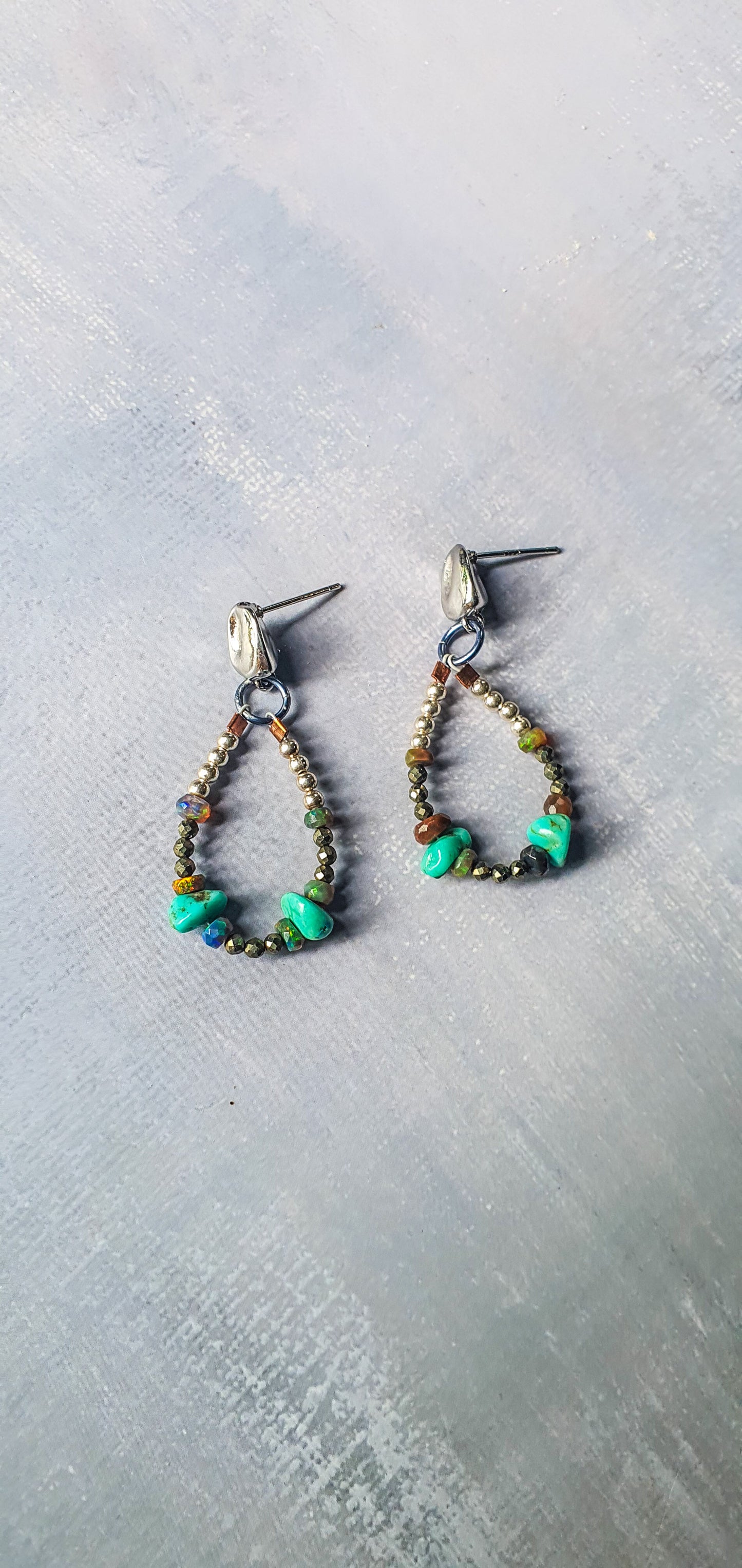 Turquoise, Black Opal & Pyrite Hoop Earrings