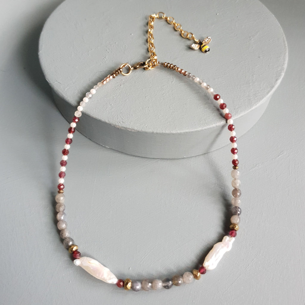 Labradorite, Garnet & Freshwater Pearl Gemstone Necklace