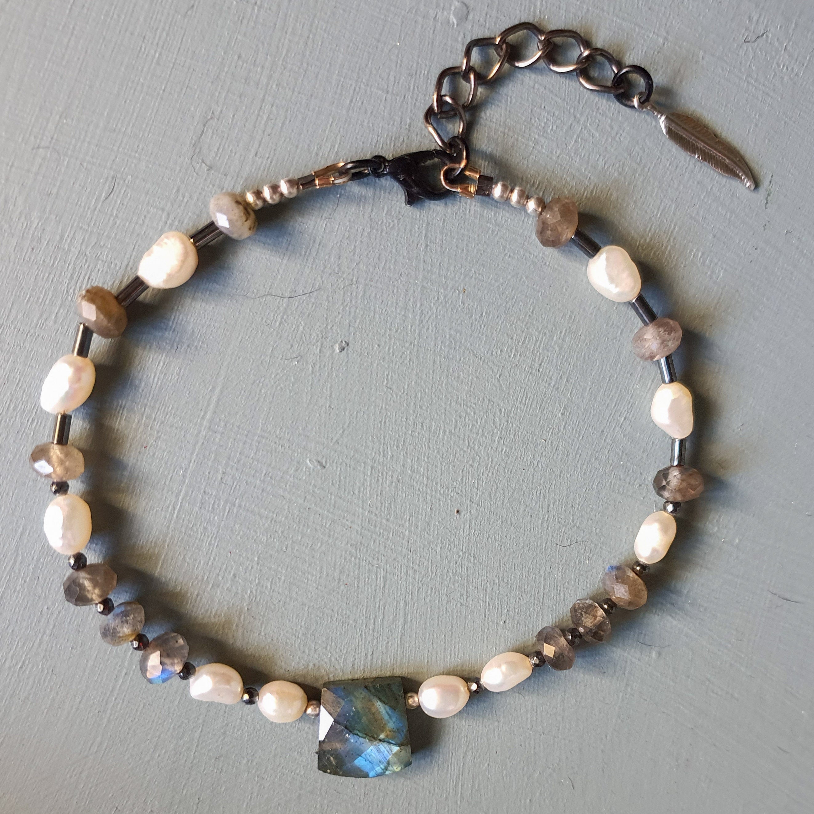 Labradorite, Freshwater Pearl & Black Spinel Gemstone Anklet