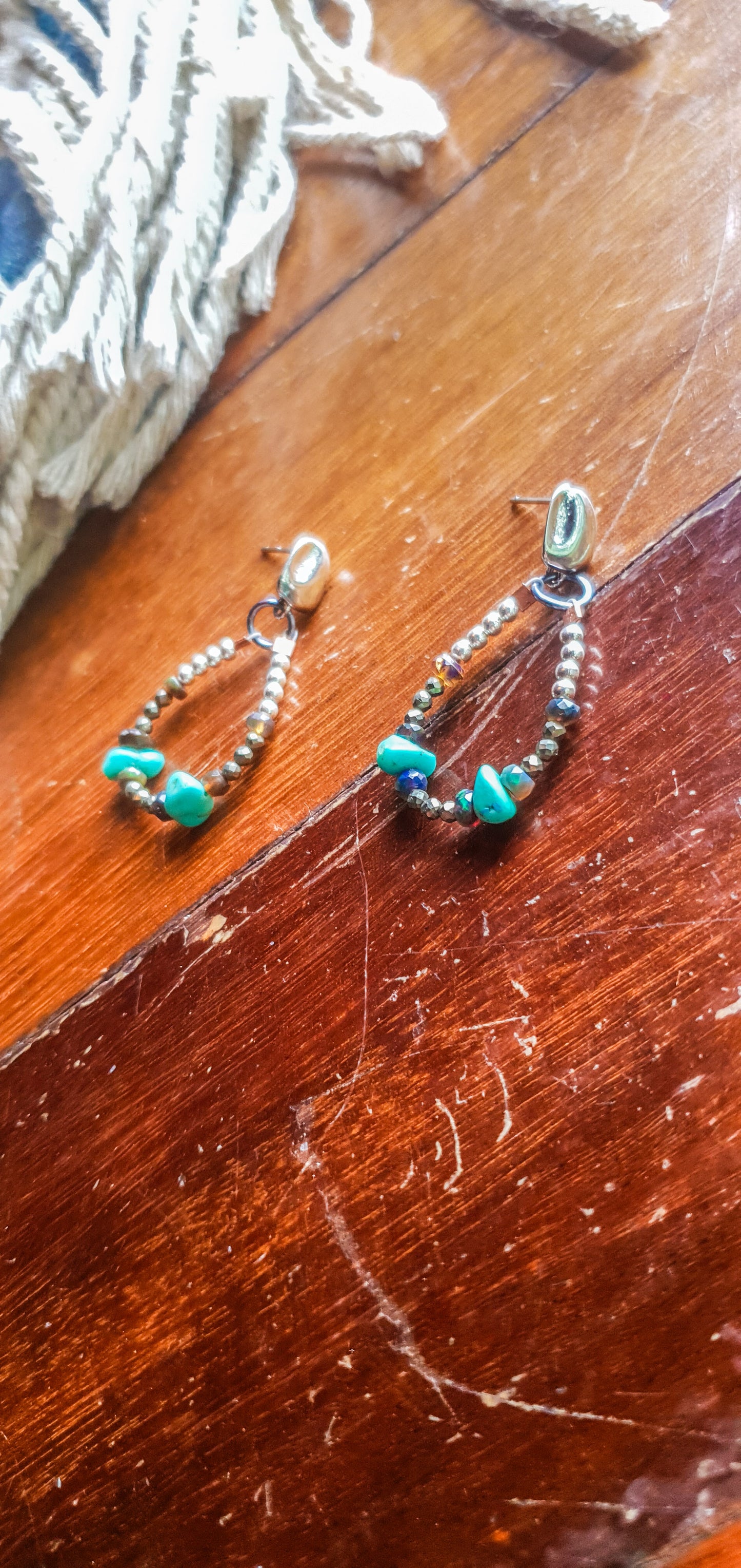 Turquoise, Black Opal & Pyrite Hoop Earrings