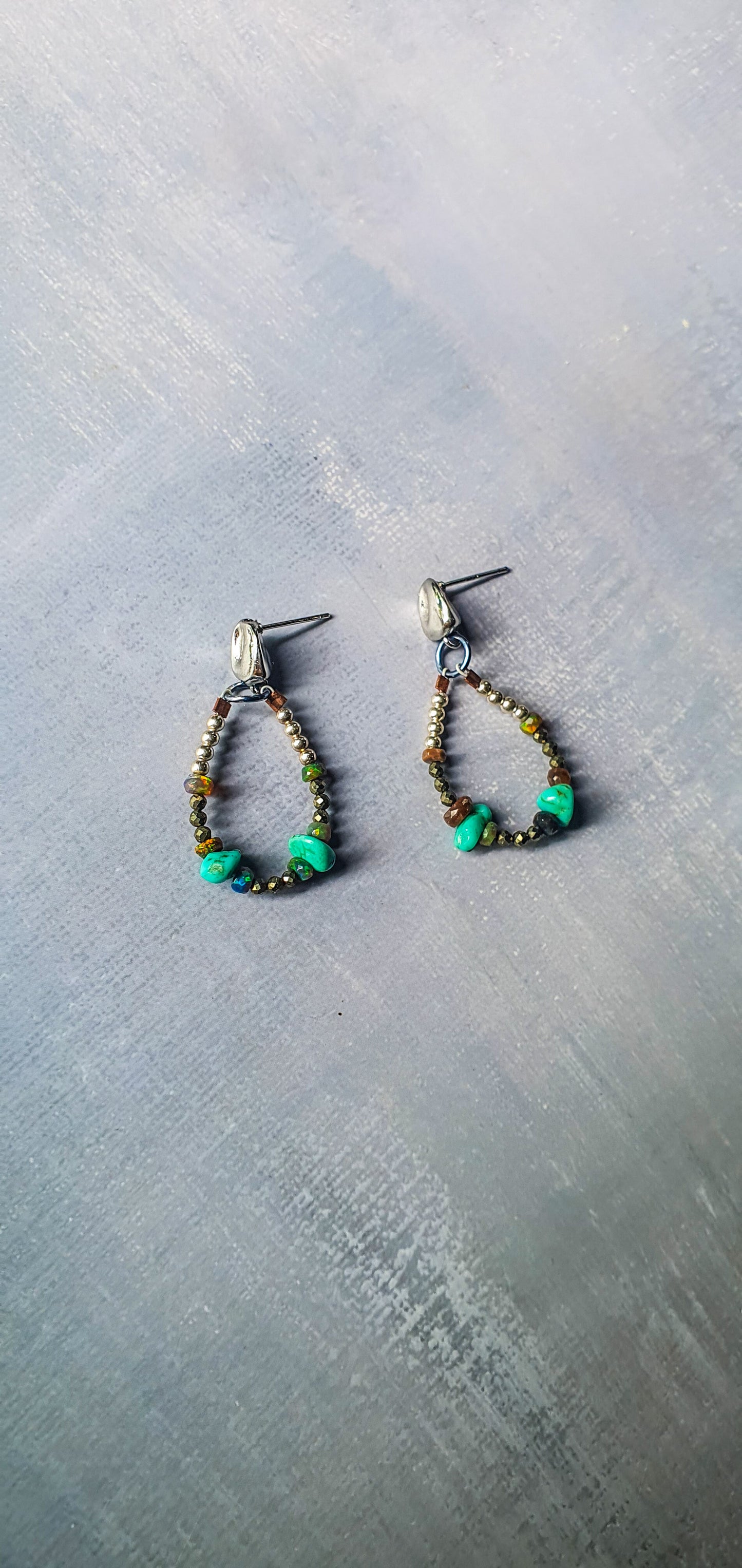 Turquoise, Black Opal & Pyrite Hoop Earrings