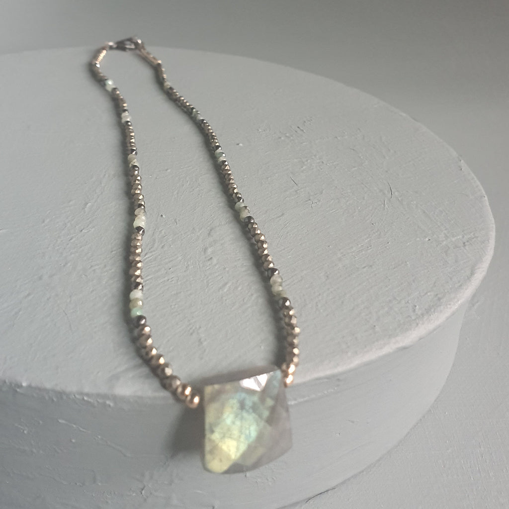 Green Labradorite Cuboid, Pale Emerald & Black Spinel Gemstone Anklet