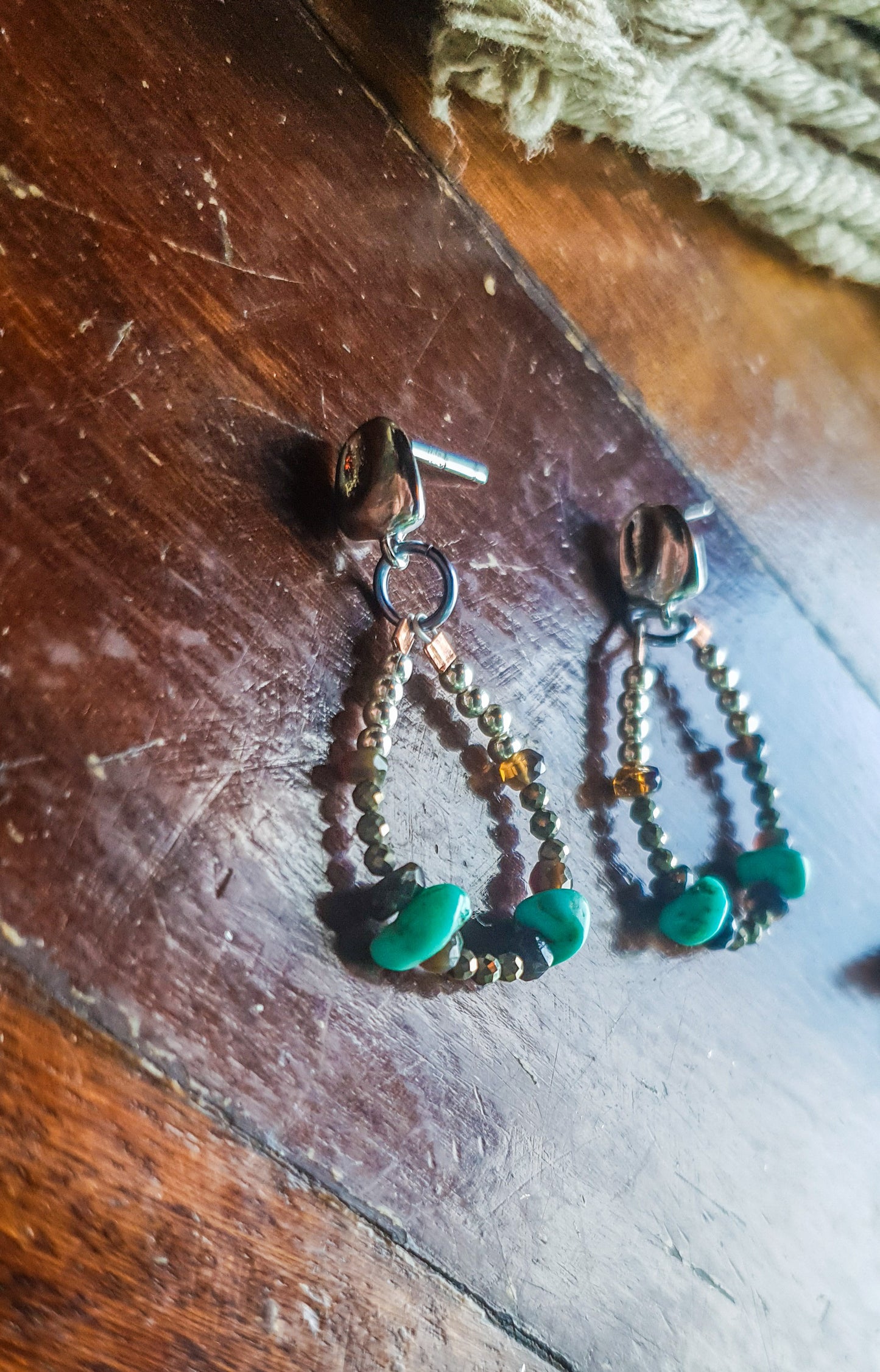 Turquoise, Black Opal & Pyrite Hoop Earrings