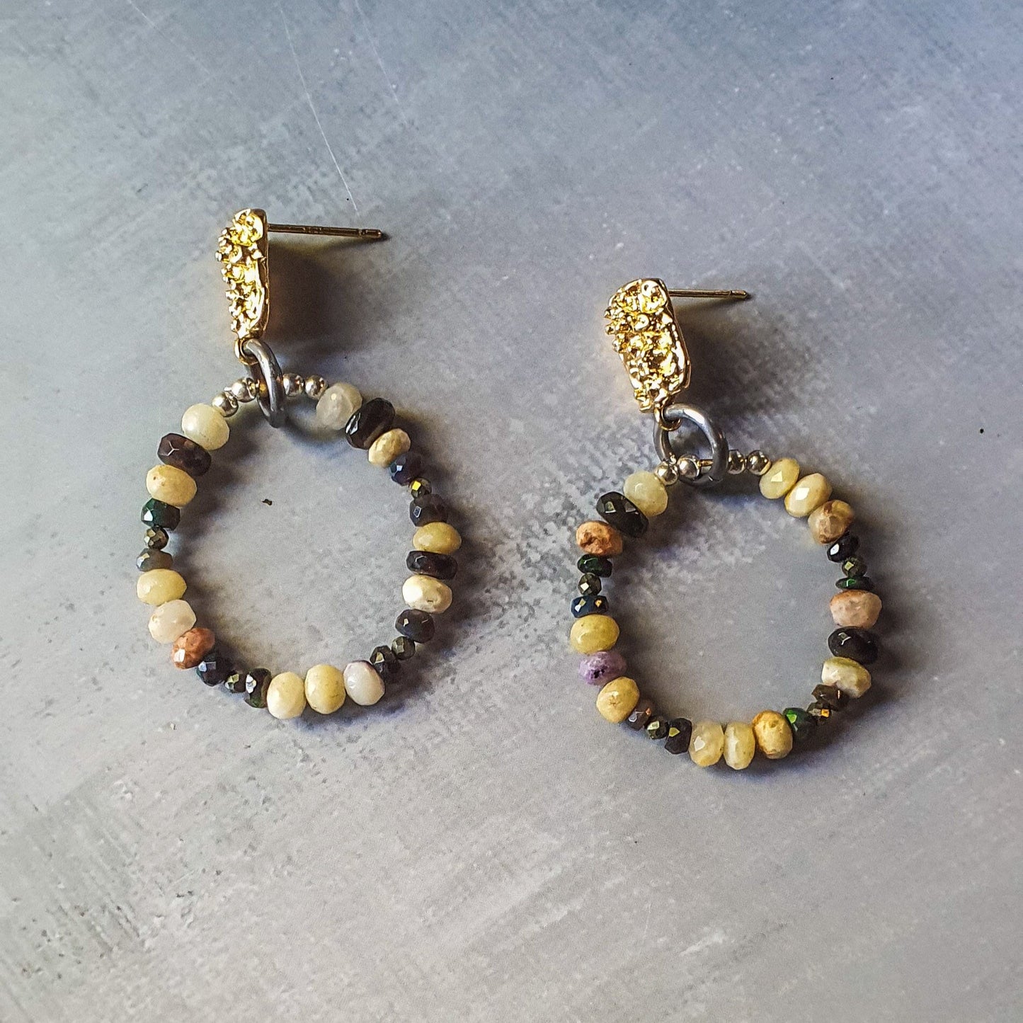 Opal, Pyrite & Silver beaded Hoop Earrings