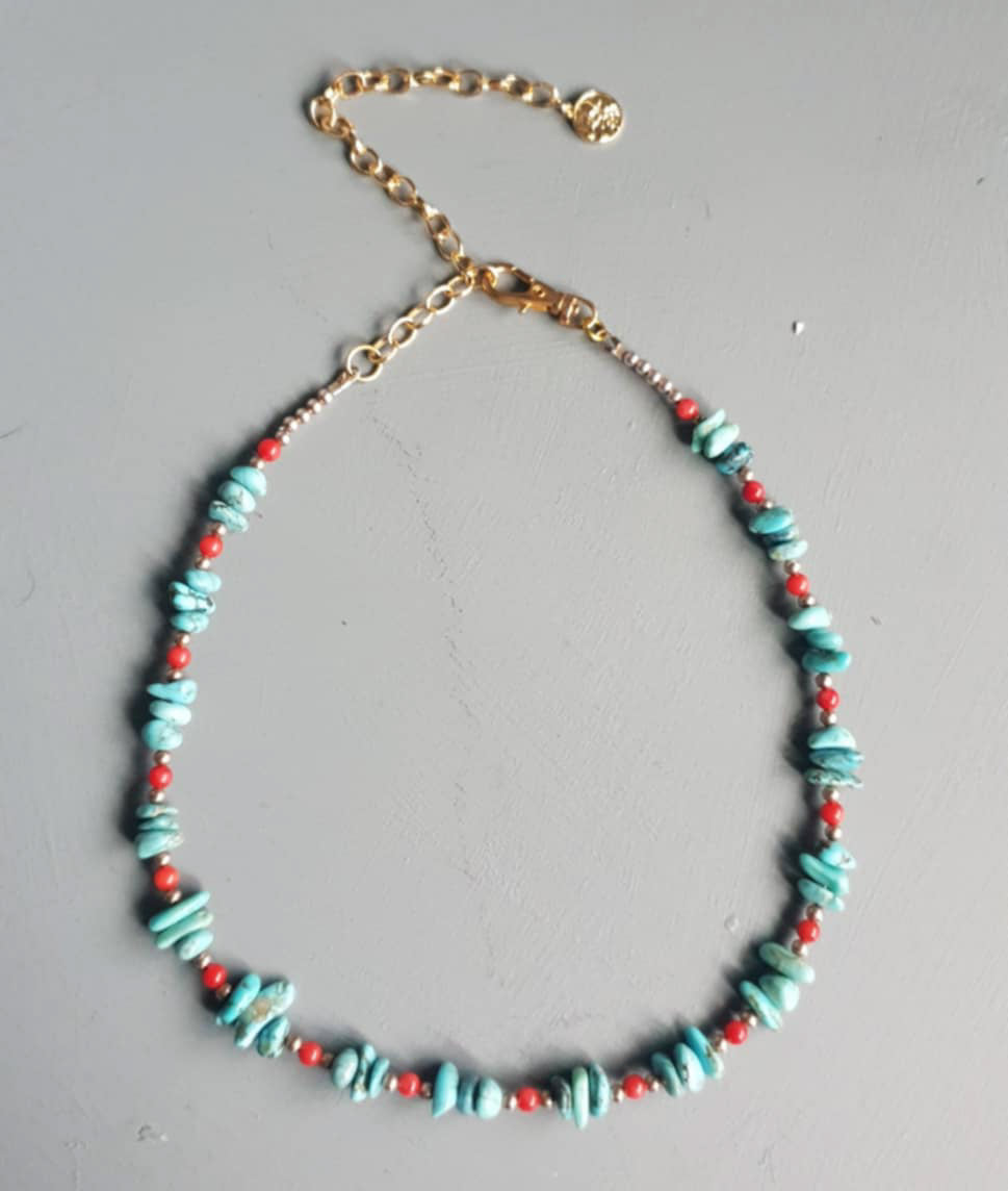 Turquoise Nugget & Red Coral Gemstone Necklace