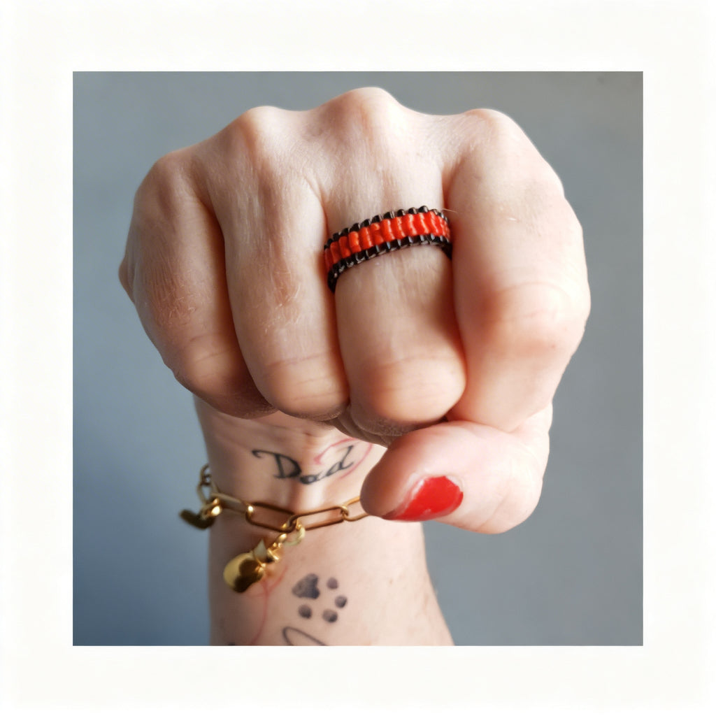Fire Red & Black Beaded Ring