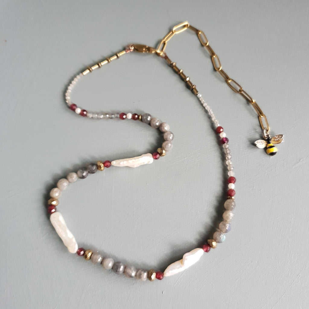 Labradorite, Garnet & Freshwater Pearl Gemstone Necklace – Extended Princess Length