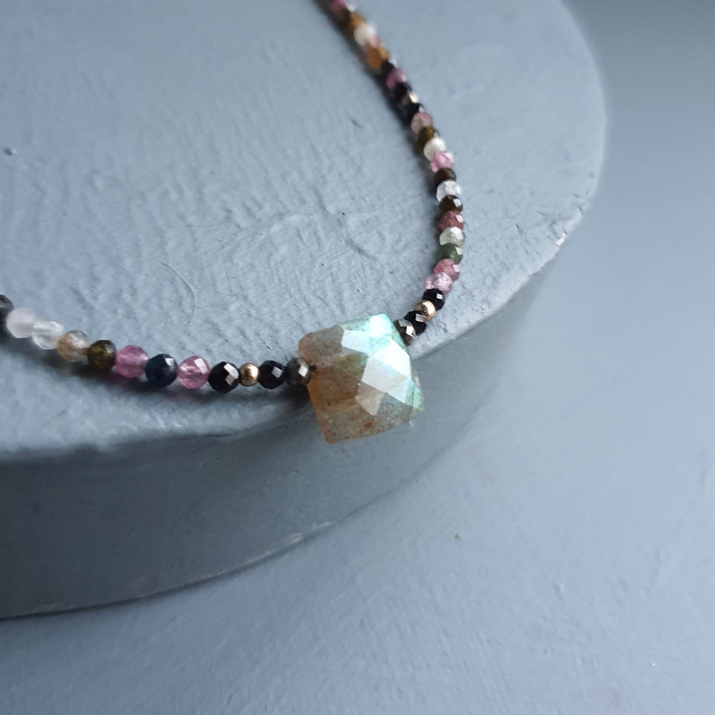 Golden Flash Labradorite Cuboid & Mixed Tourmaline Gemstone Necklace