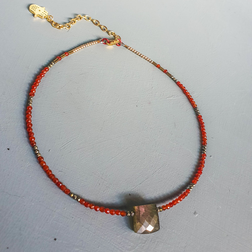 Pink-Gold Flash Labradorite Centrepiece Necklace with Carnelian, Pyrite & Hamsa Charm