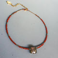 Pink-Gold Flash Labradorite Centrepiece Necklace with Carnelian, Pyrite & Hamsa Charm
