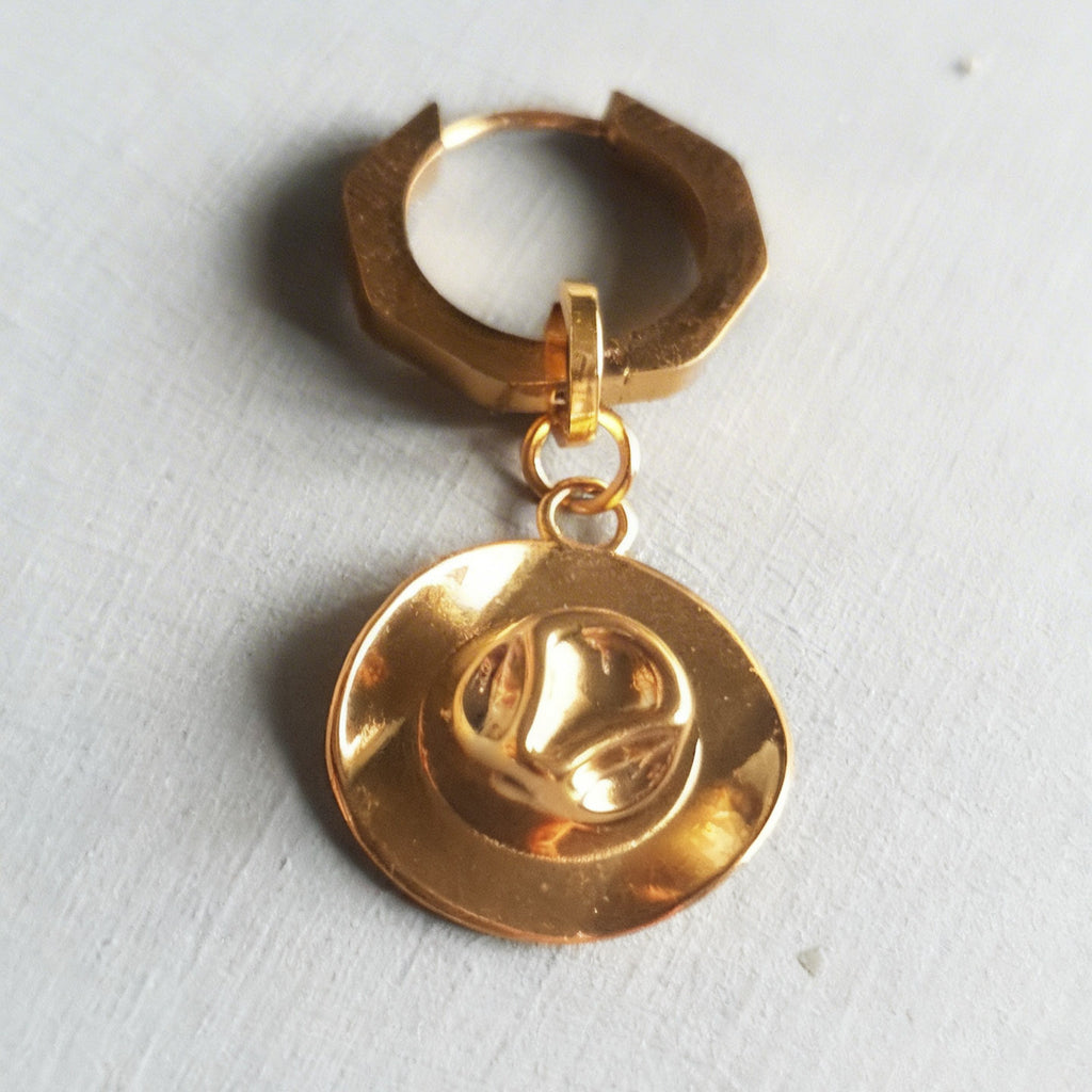 Gold Cowboy Hat Charm Statement Hex Huggie