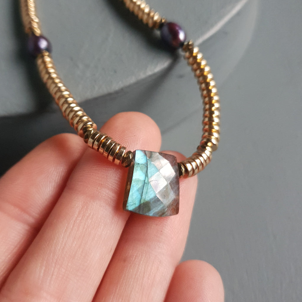 Labradorite, Baroque Pearl & Golden Hematite Necklace II