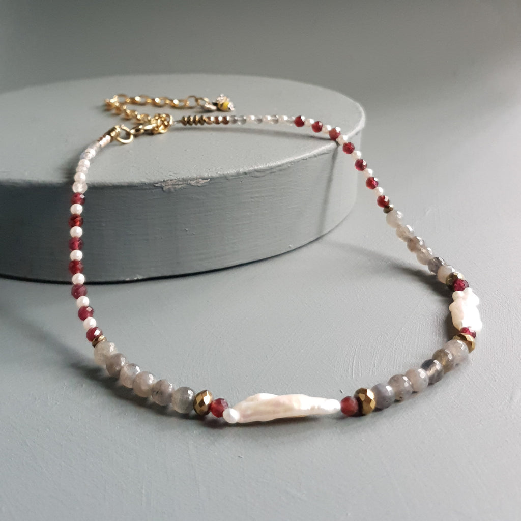 Labradorite, Garnet & Freshwater Pearl Gemstone Necklace