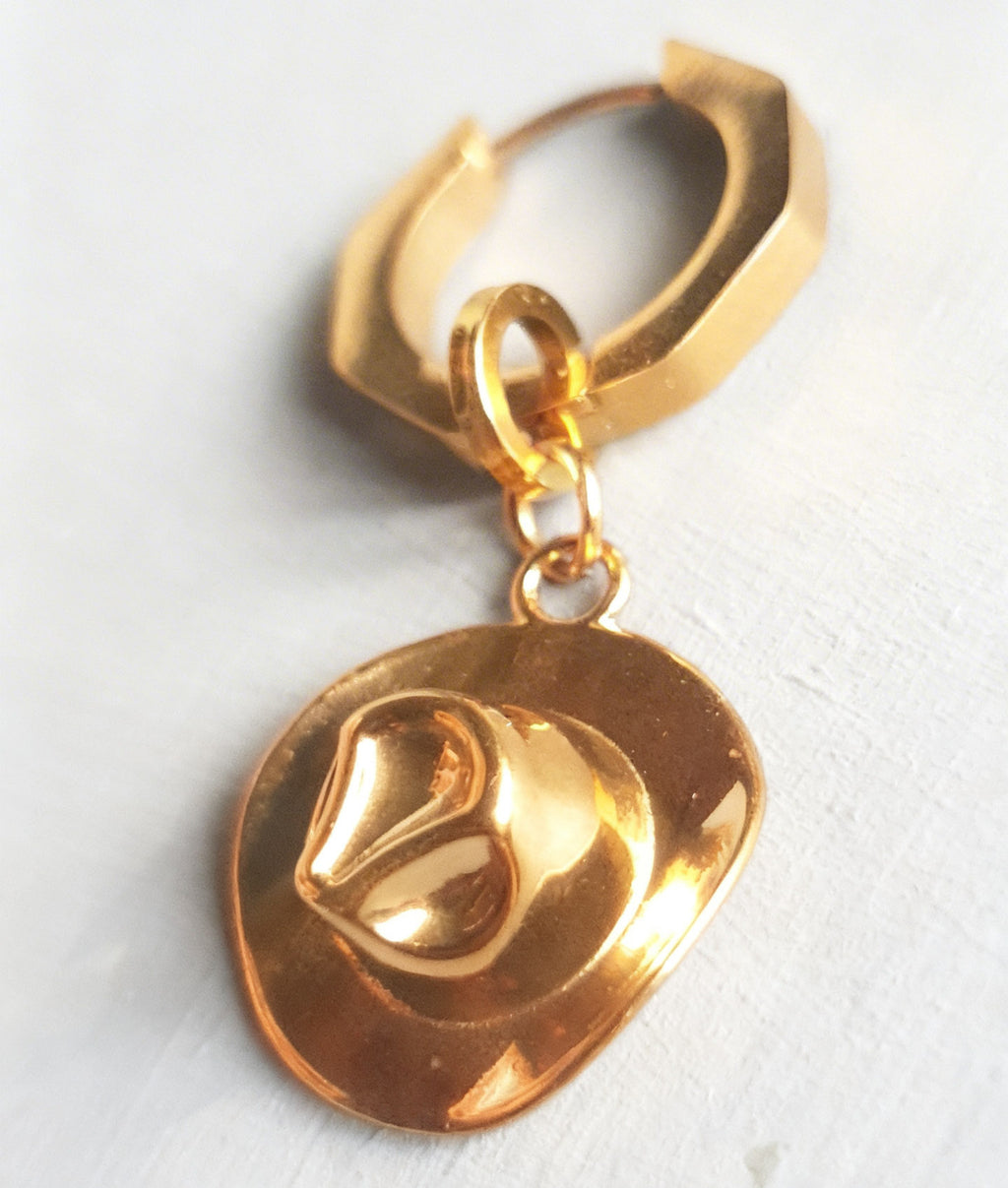 Gold Cowboy Hat Charm Statement Hex Huggie