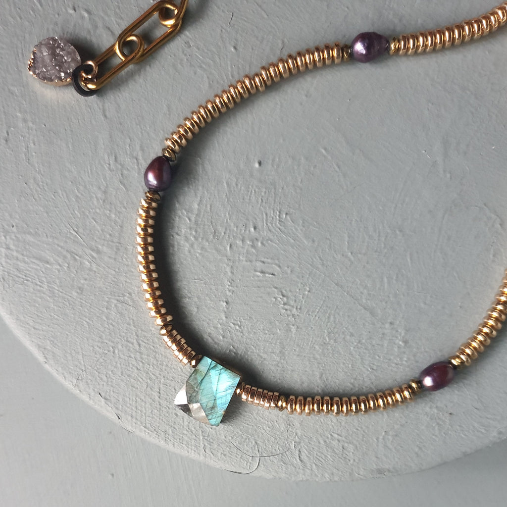 Labradorite, Baroque Pearl & Golden Hematite Necklace II