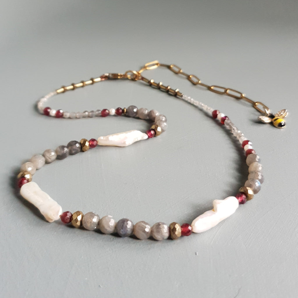 Labradorite, Garnet & Freshwater Pearl Gemstone Necklace – Extended Princess Length