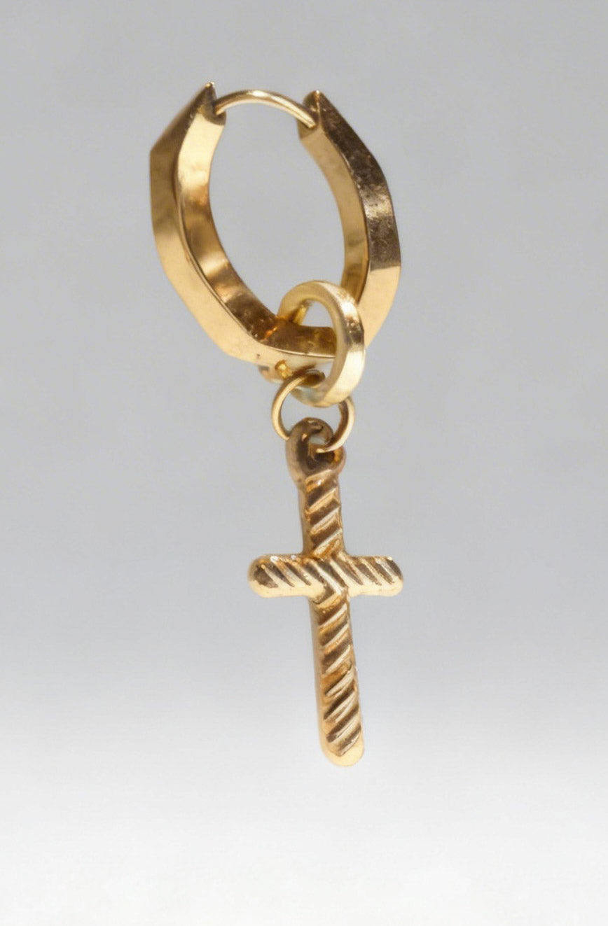 Gold Cross Charm Statement Hex Huggie