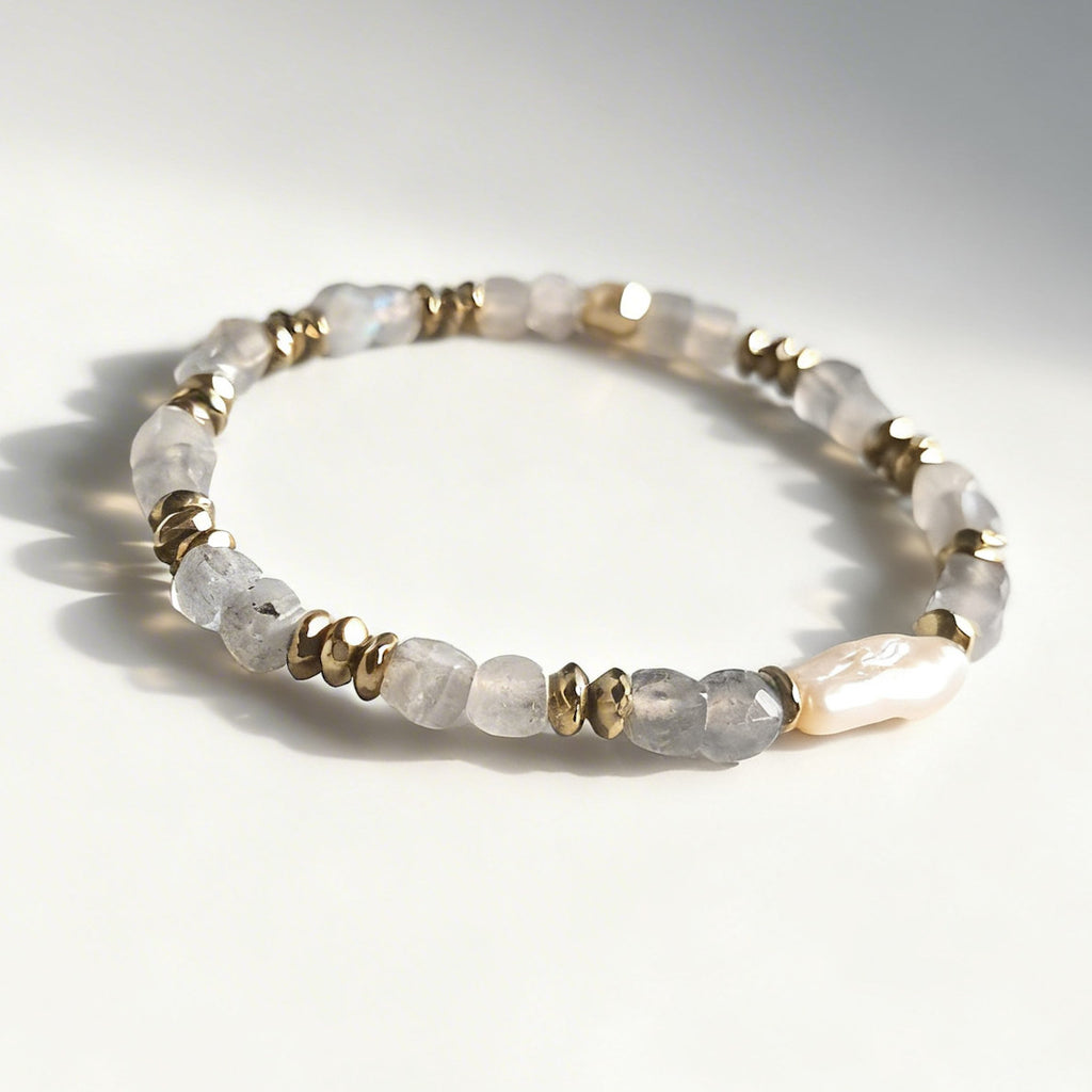 Delicate Labradorite, Freshwater Pearl and Pyrite Bracelet