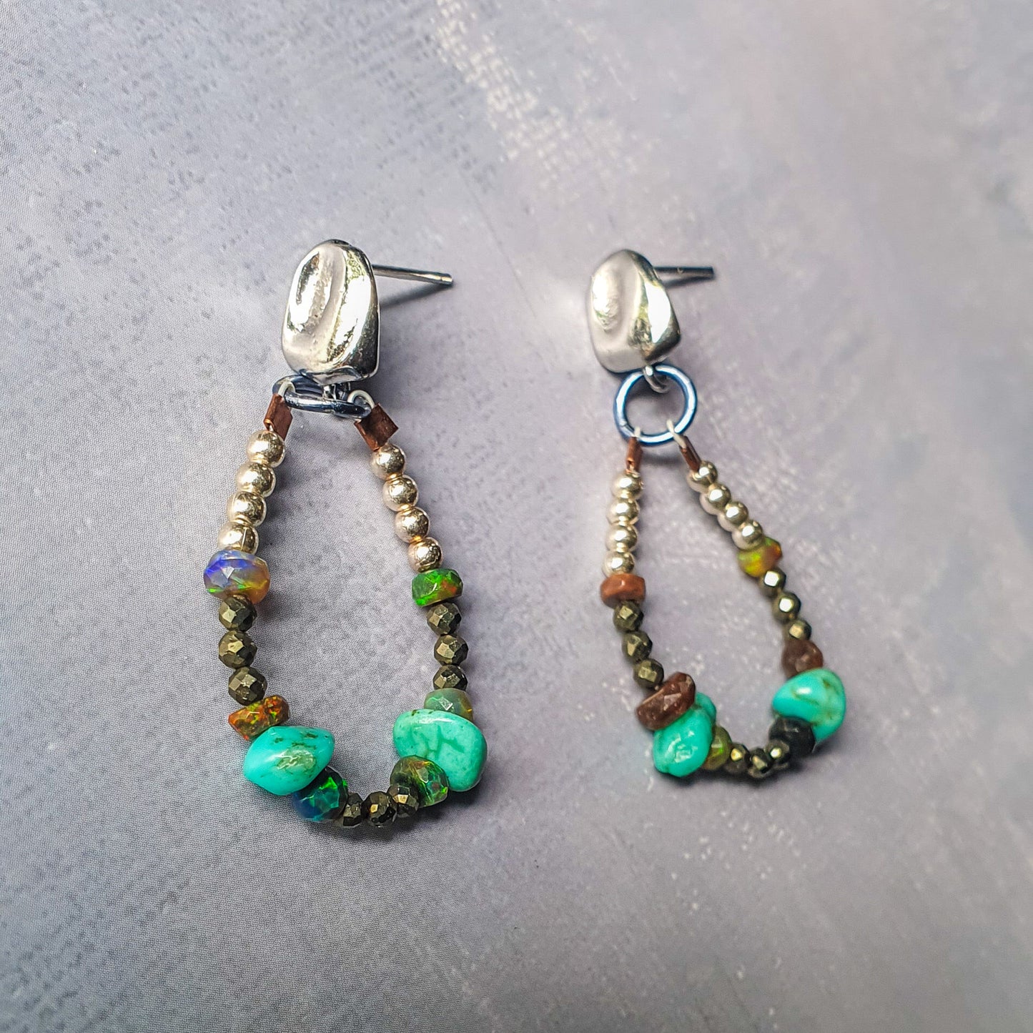 Turquoise, Black Opal & Pyrite Hoop Earrings