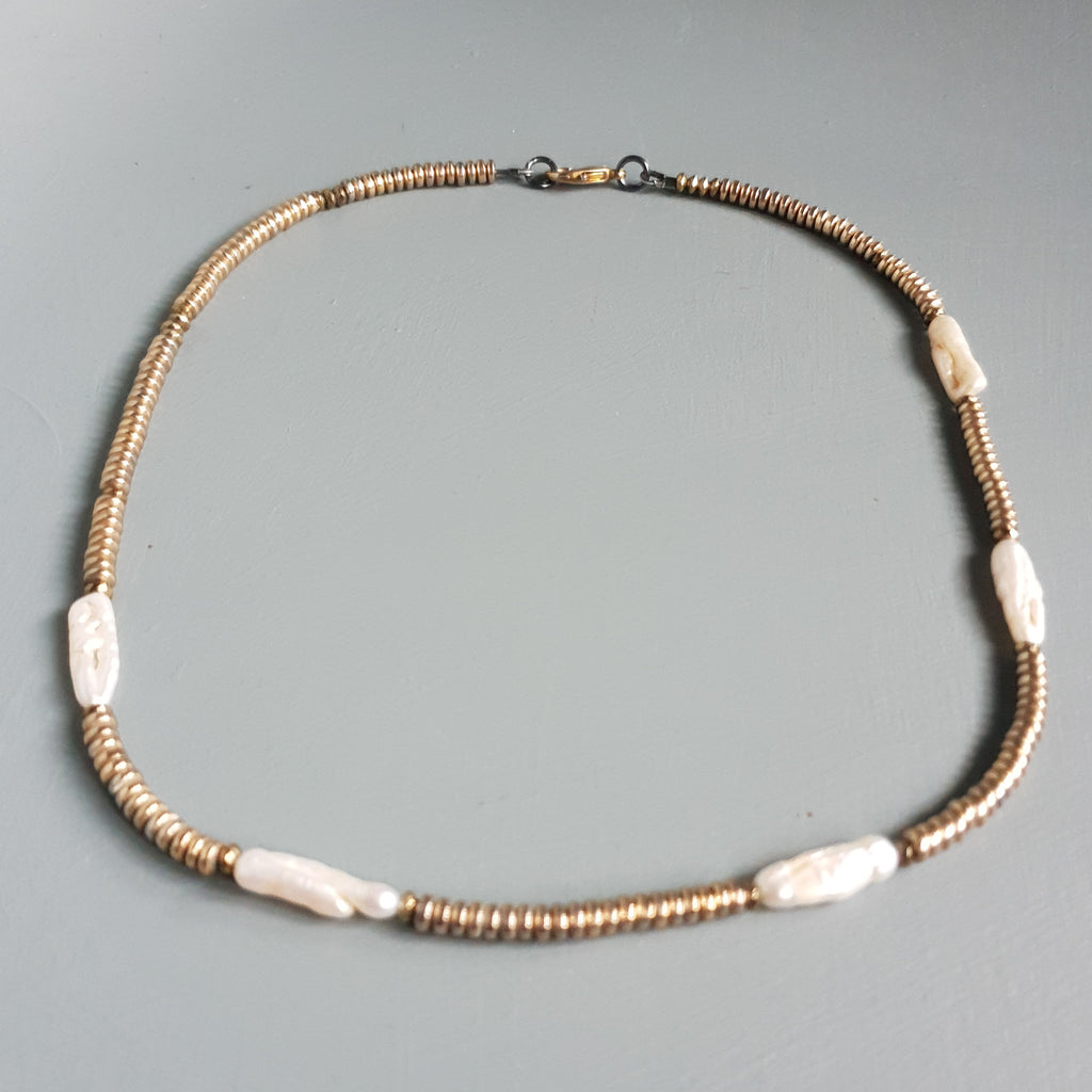 Metallic Hematite, Pyrite & Freshwater Pearl Statement Necklace
