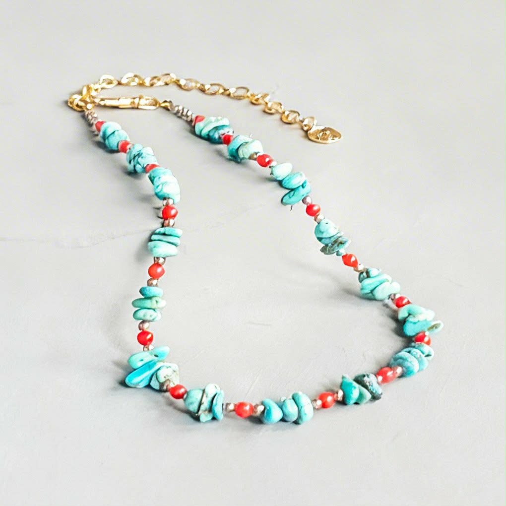 Turquoise Nugget & Red Coral Gemstone Necklace