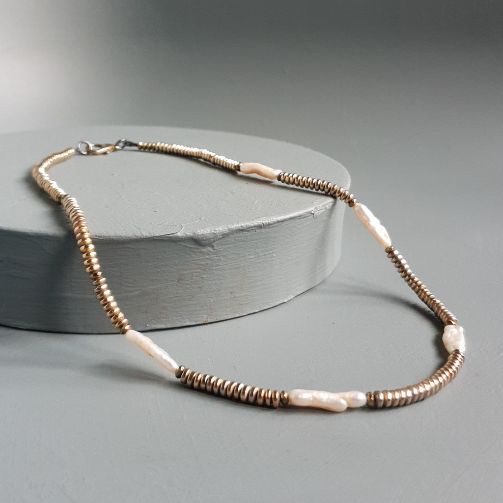 Metallic Hematite, Pyrite & Freshwater Pearl Statement Necklace