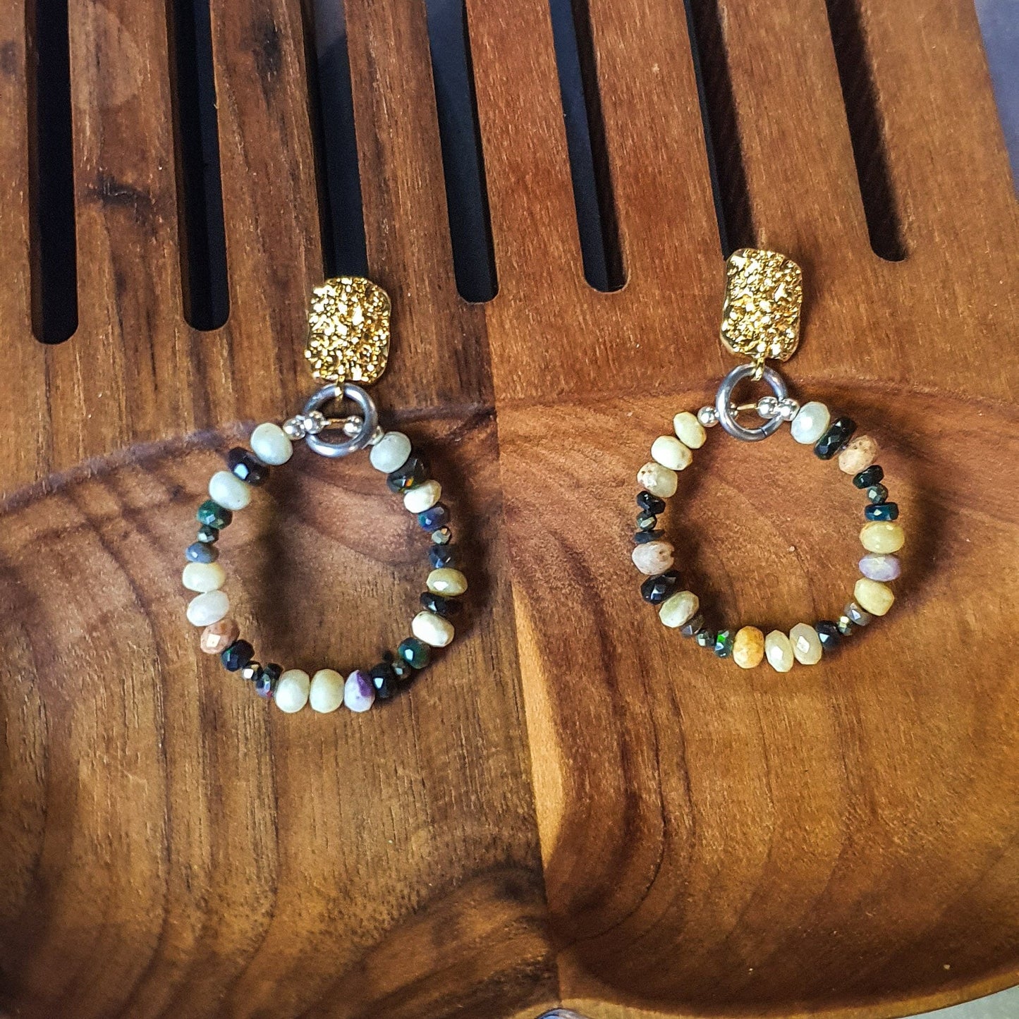 Opal, Pyrite & Silver beaded Hoop Earrings