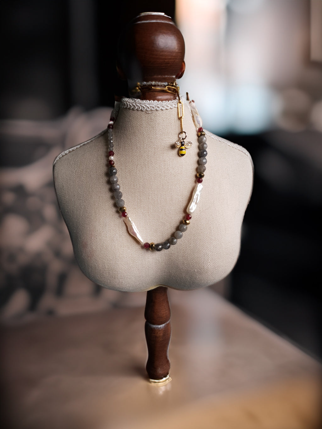 Labradorite, Garnet & Freshwater Pearl Gemstone Necklace – Extended Princess Length