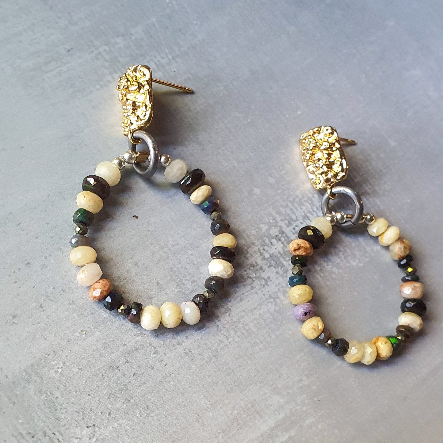 Opal, Pyrite & Silver beaded Hoop Earrings