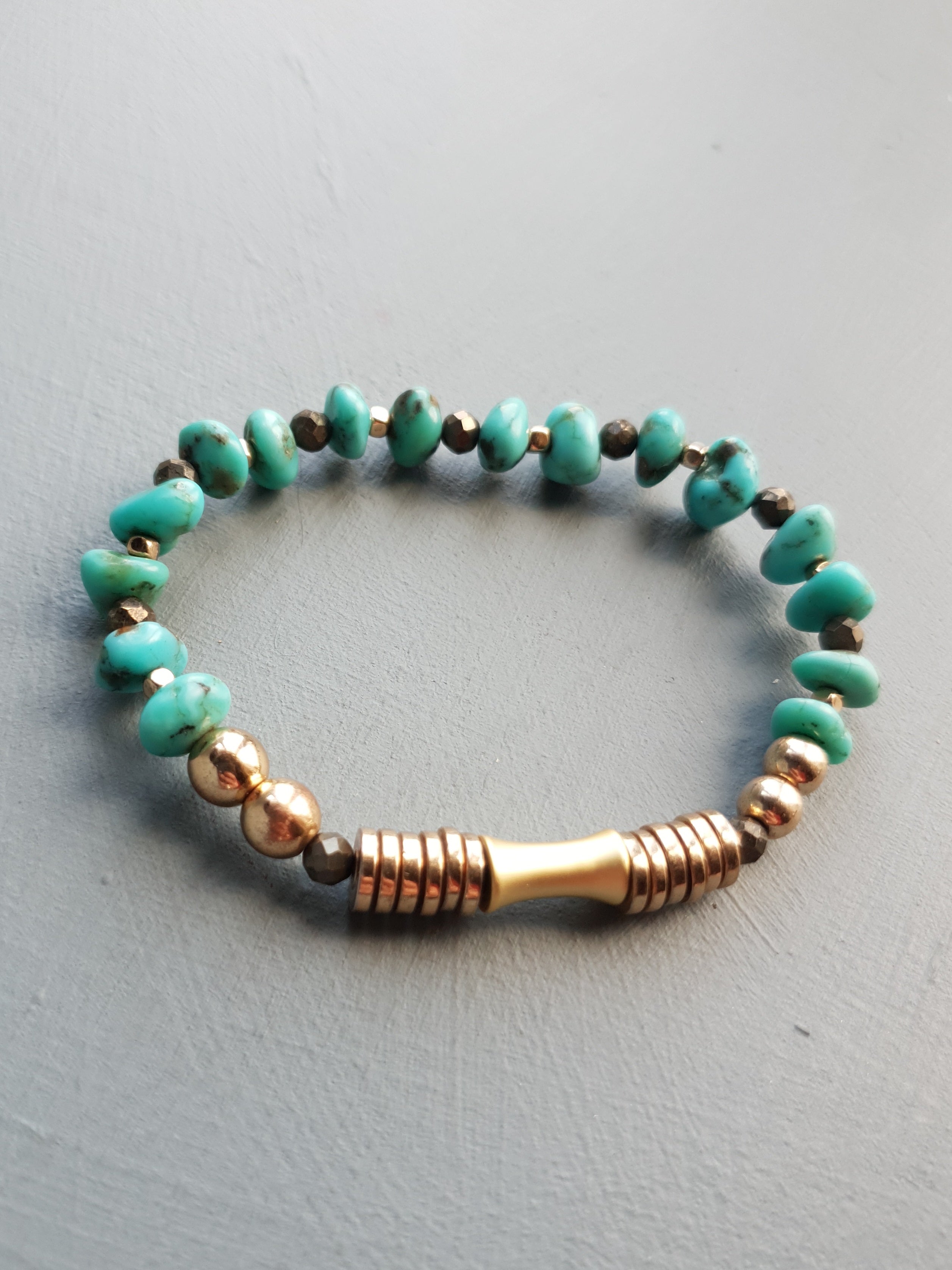 Turquoise Nugget Pyrite Gold Hematite Beaded Stretch Bracelet