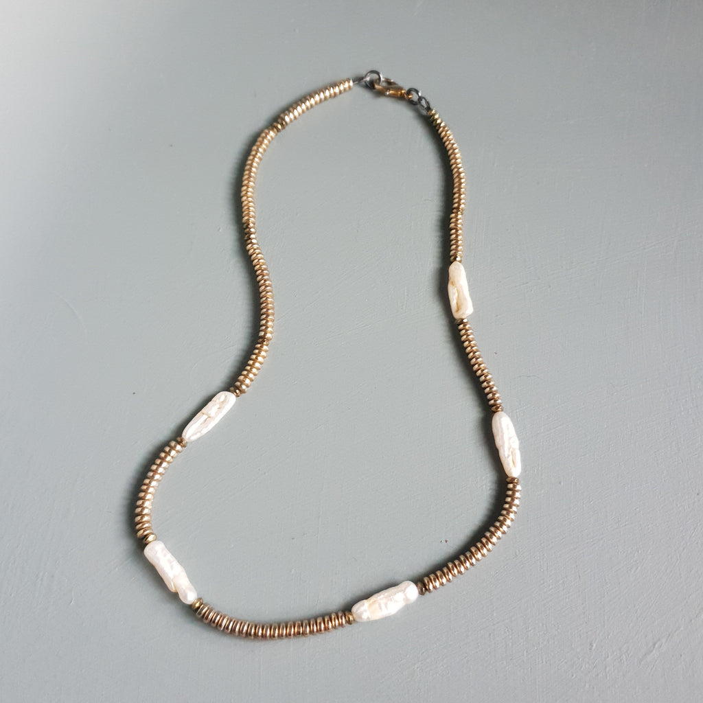 Metallic Hematite, Pyrite & Freshwater Pearl Statement Necklace