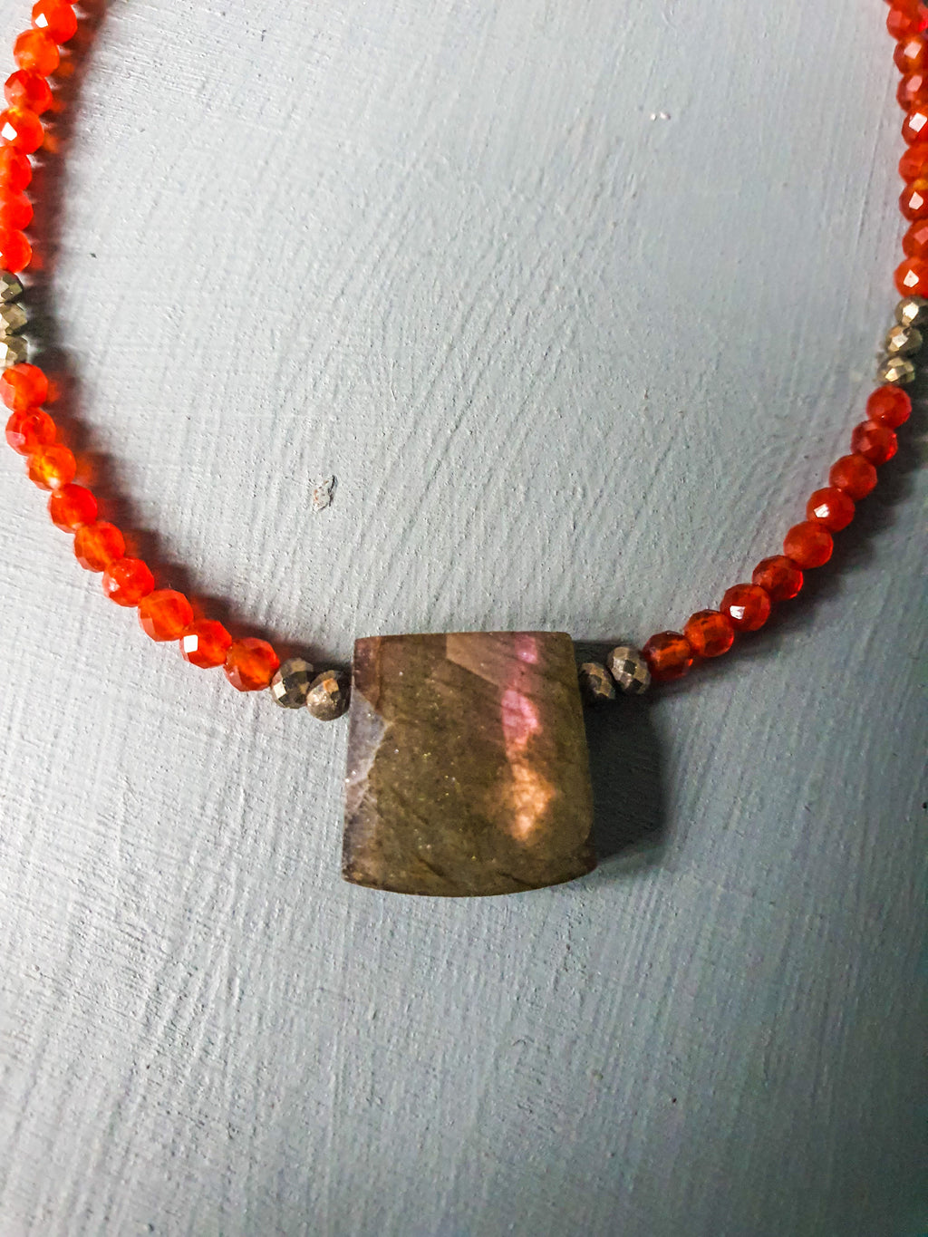 Pink-Gold Flash Labradorite Centrepiece Necklace with Carnelian, Pyrite & Hamsa Charm