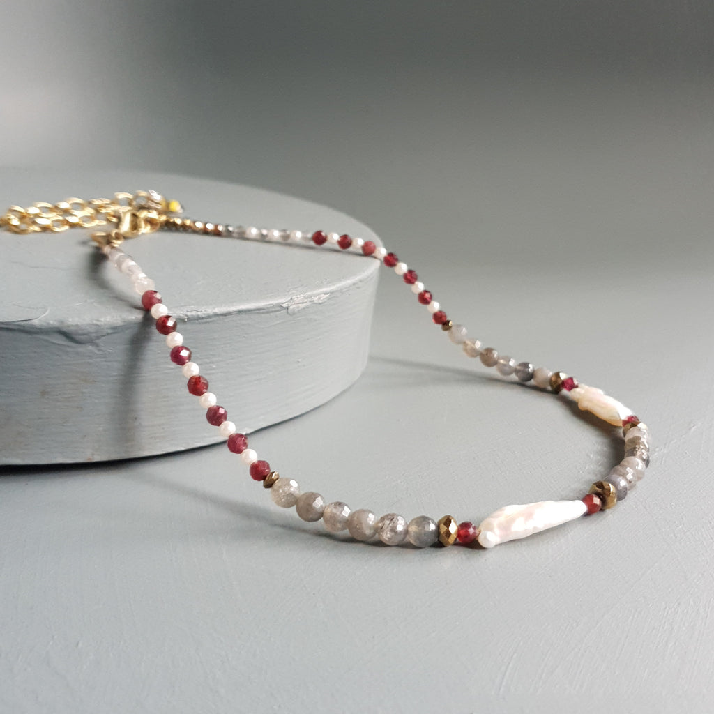 Labradorite, Garnet & Freshwater Pearl Gemstone Necklace