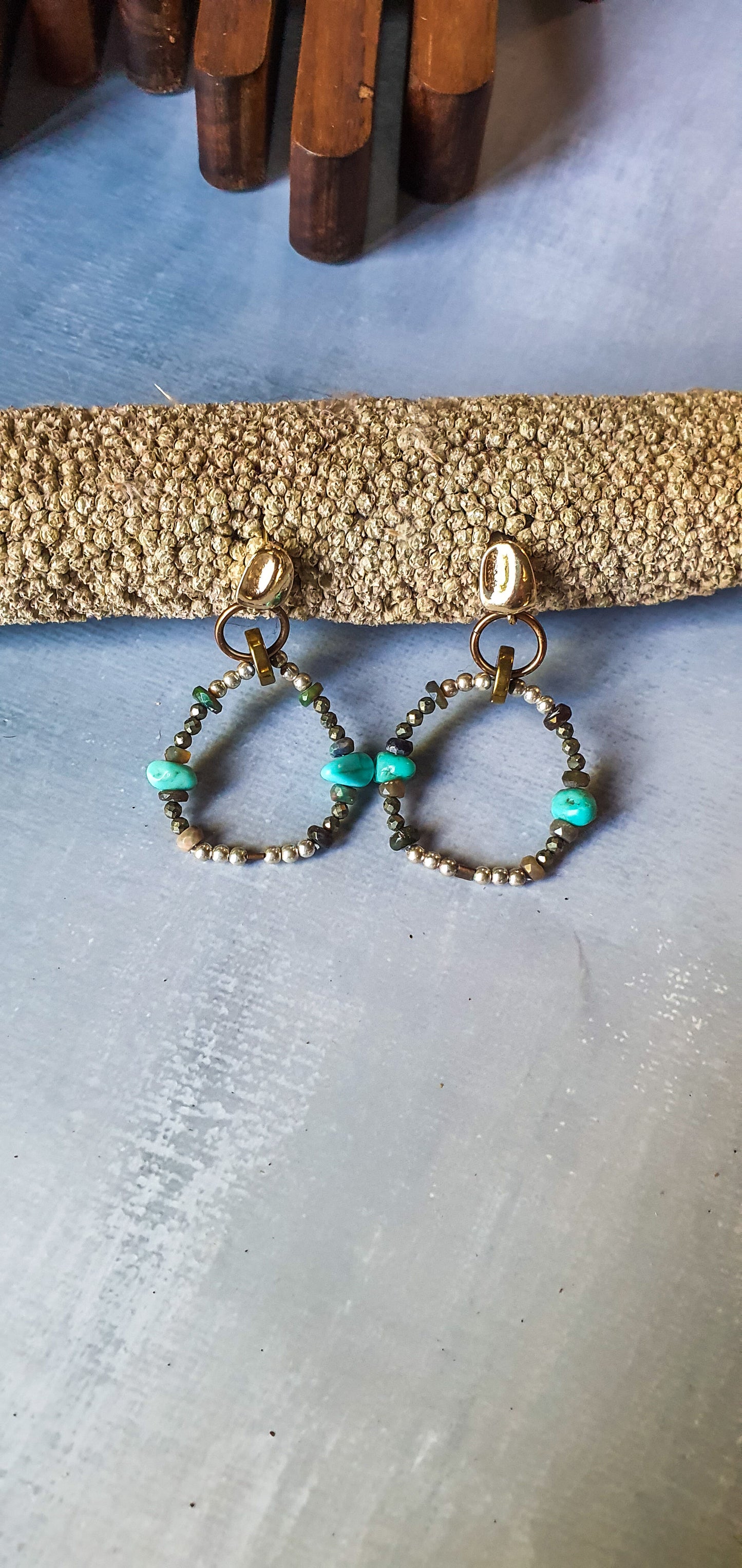 Turquoise, Opal, Pyrite & Silver beaded Hoop Earrings