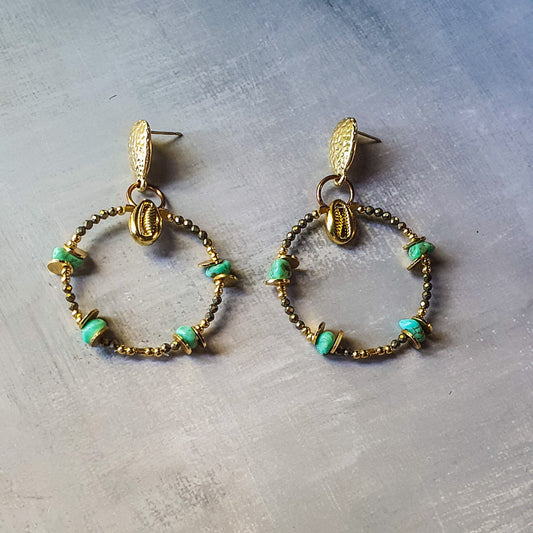 Turquoise and Pyrite Hoop Statement Earrings