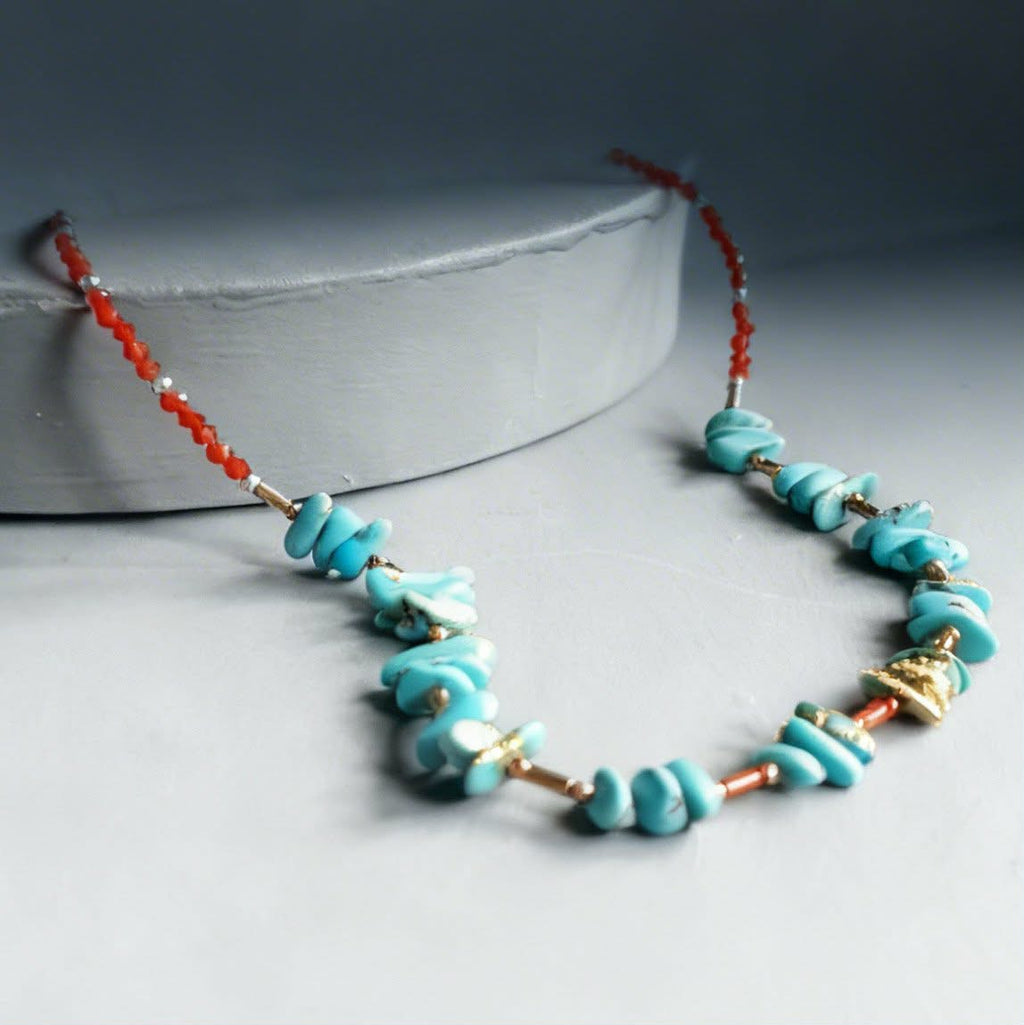 Turquoise Nugget, Carnelian & Hematite Gemstone Necklace