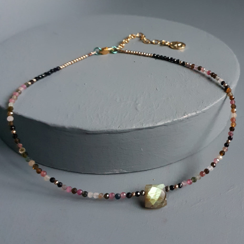 Golden Flash Labradorite Cuboid & Mixed Tourmaline Gemstone Necklace